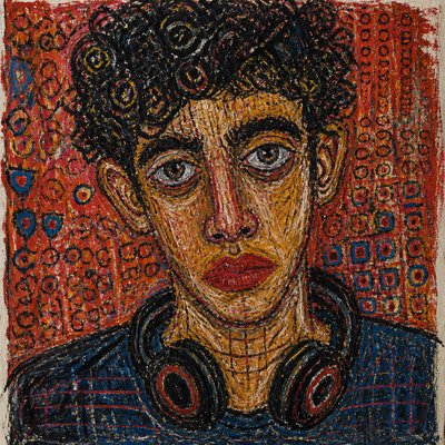 head-and-shoulders portrait of an original character: a young man with curly dark hair and headphones around his neck, plain backdrop, no text