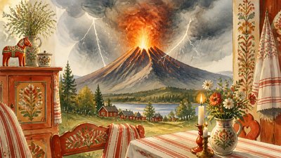 an erupting volcano with lightning strikes, dramatic wide composition, no text