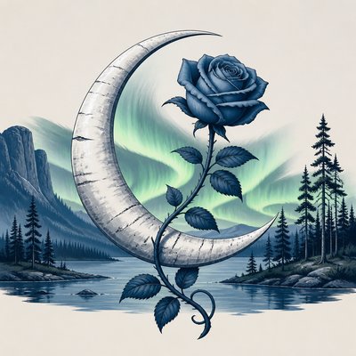 a rose entwined with a crescent moon, clean balanced composition on a plain background, no text
