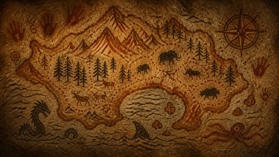 a map of an island realm with mountains, forests, a sheltered bay, sea monsters in the water and a compass rose, no text labels