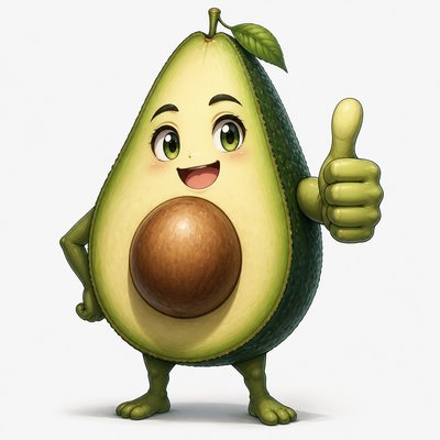 a happy avocado character giving a thumbs up, bold readable design on a plain background, no text