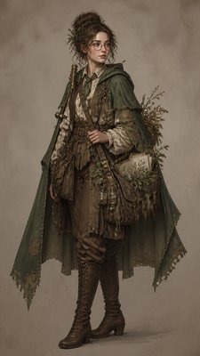 full-body original character: a wandering botanist with a satchel of plants, a patched green cloak, tall boots and round glasses, neutral background