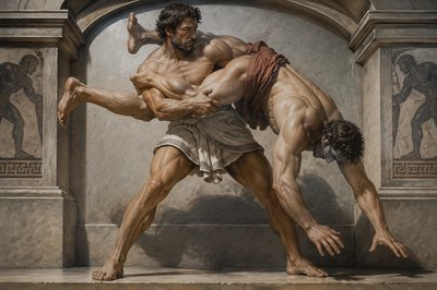 ancient greek wrestler grabbing his opponent and lifting him up