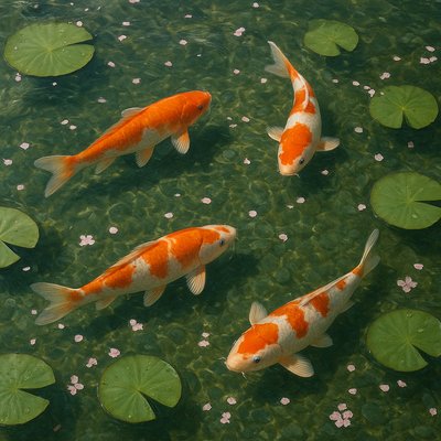 A koi pond seen from above, orange and white koi fish swimming among lily pads, clear water with subtle ripples, fallen cherry blossom petals floating on the surface, dappled sunlight