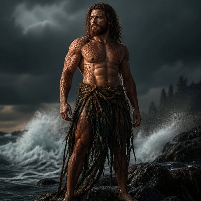 Fais moi un dieu roue et fort avec une barbe rousse plus foncé il , il est habillé sans tee shirt sans bijoux juste en dirait un dieu des mers il a des habille en algues  il a des écailles roue sur le torse et les epaules mais sinon c’est un humain , on le voit de la tete au pied 