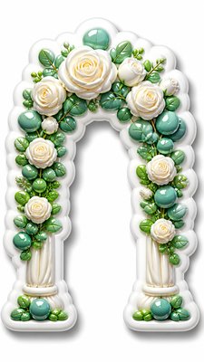 an arch of white roses and eucalyptus in soft morning light, elegant vertical composition with open space, no text