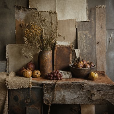 still life arrangement of fruits and flowers
