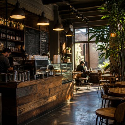 cozy cafe interior with warm lighting