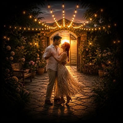 an original couple dancing under string lights in a garden at dusk: a man with short black hair in a linen shirt and a woman with braided red hair in a summer dress