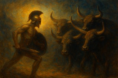 a painting of a man standing in front of a herd of bulls