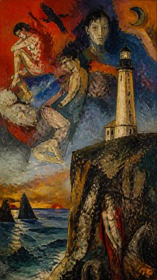 a lone lighthouse on a cliff at dusk under a dramatic sky, no text or lettering