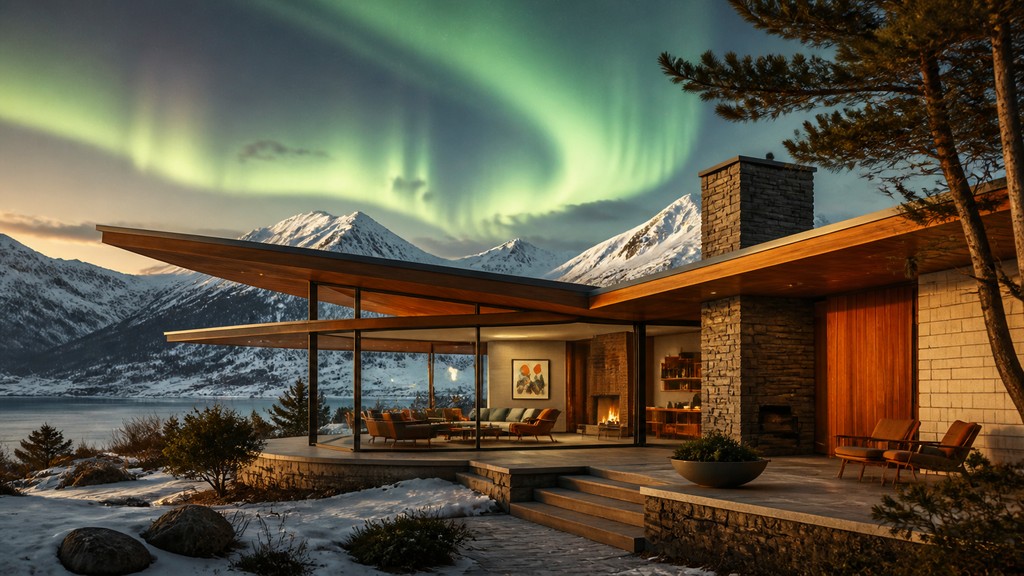a flowing aurora over snowy peaks, wide sweeping composition, no people, no text