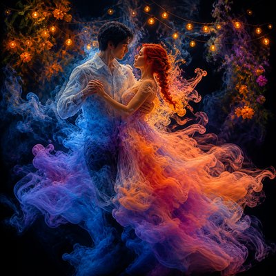 an original couple dancing under string lights in a garden at dusk: a man with short black hair in a linen shirt and a woman with braided red hair in a summer dress