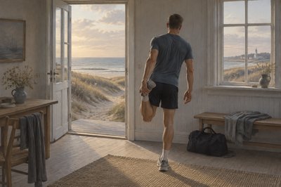 back view of danish athlete doing stretching exercises with his legs 