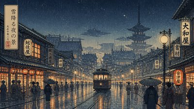 bustling city street panorama at dusk