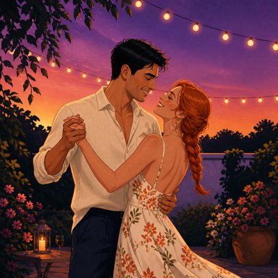 an original couple dancing under string lights in a garden at dusk: a man with short black hair in a linen shirt and a woman with braided red hair in a summer dress