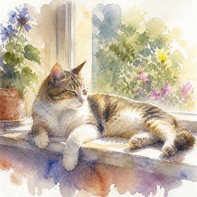 a cat lounging in a sunlit window