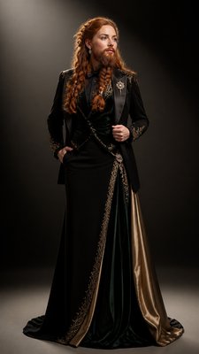 full-body original character: a dwarven ranger with a braided auburn beard, worn leather armor, a longbow and a wolf-pelt cloak, neutral background, no text