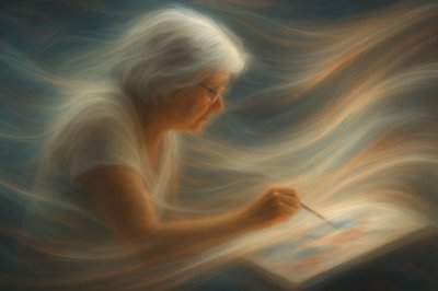 a painting of a woman with white hair and glasses