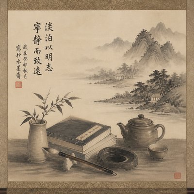 still life with everyday objects — Scroll Painting Style