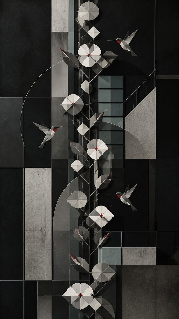 a climbing vine of flowers and hummingbirds on a dark background, tall wrapping composition, no text