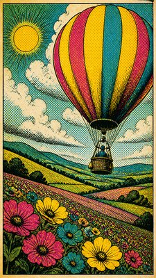 a hot air balloon drifting over rolling flower fields on a sunny day, cheerful, no text