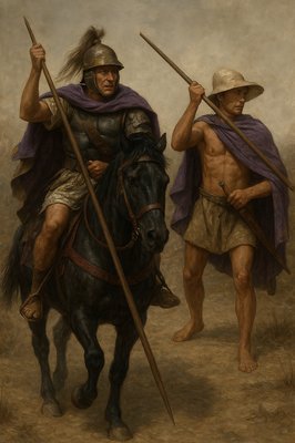 a painting of two men on horseback with spears