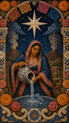 a robed figure pouring water beneath a large eight-pointed star in a night sky, symmetrical composition with an ornate decorative border, no text