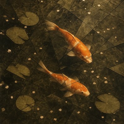 A koi pond seen from above, orange and white koi fish swimming among lily pads, clear water with subtle ripples, fallen cherry blossom petals floating on the surface, dappled sunlight