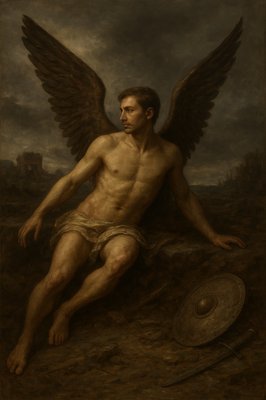 a painting of a man with wings sitting on the ground
