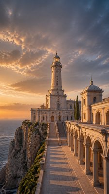 a lone lighthouse on a cliff at dusk under a dramatic sky, no text or lettering
