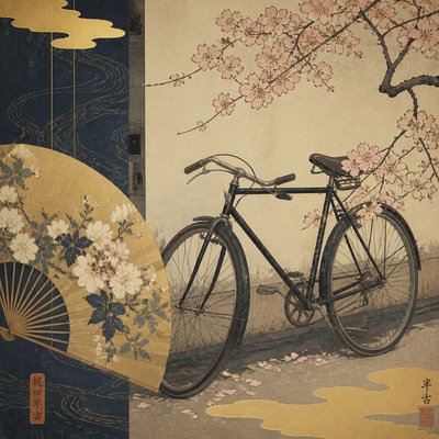 bicyle resting against a wall — Japonisme Art Style