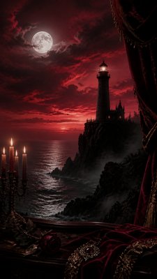 a lone lighthouse on a cliff at dusk under a dramatic sky, no text or lettering