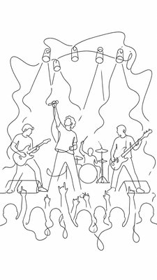 a live music scene with a glowing stage and silhouetted crowd, energetic vertical composition with open space at the top, no text