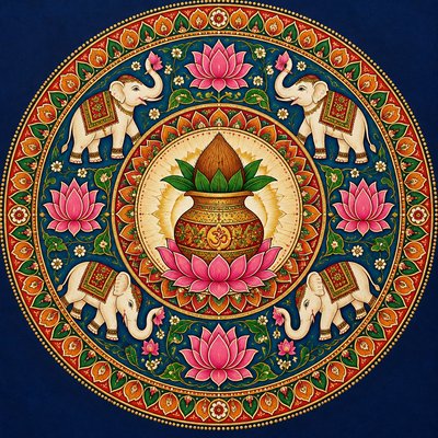 A mandala with lotuses and elephants and a central kalash (pot) with coconut placed on it vertically.

