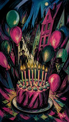 a birthday cake with lit candles surrounded by balloons and confetti, festive vertical composition, no text