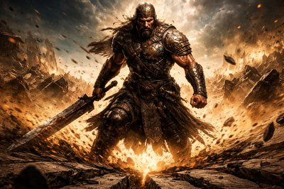 "A hyper-realistic, cinematic portrait of Zelek the Ammonite, one of King David’s elite 'Mighty Men.' He is a towering figure with a weathered, fierce expression, wearing ancient Near Eastern bronze-and-iron scale armor with heavy leather straps. He stands in a stance of immense power, holding a massive, jagged-edged broadsword or a heavy iron-headed spear. The background is a battlefield where he has literally 'broken' through the enemy line—visualized as a physical fissure or crack in the earth radiating from his feet (Baal-perazim style). The enemy 'host' is seen scattering and dissolving in his wake, depicted as shadowy figures falling back into a golden, dusty haze. Art Style: Gritty biblical realism blended with epic 2026 digital concept art; heavy emphasis on texture (hammered metal, scarred skin, desert sand), deep shadows, and high-contrast volumetric lighting. 8K resolution, wide-angle lens, masterpiece quality