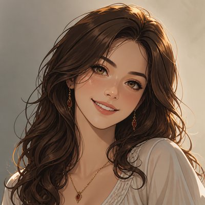 head-and-shoulders portrait of an original character: a young woman with wavy chestnut hair and a warm smile, plain soft backdrop