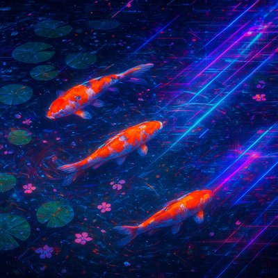 A koi pond seen from above, orange and white koi fish swimming among lily pads, clear water with subtle ripples, fallen cherry blossom petals floating on the surface, dappled sunlight