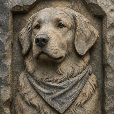portrait of a golden retriever wearing a blue bandana, warm plain backdrop, no text