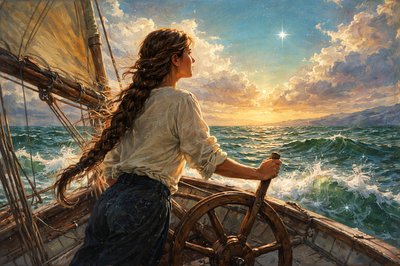 A woman with long braided hair down to the waist is holding the rudder of a keel boat right at the time between day and night. She is looking towards the sail and to The morning star.. 