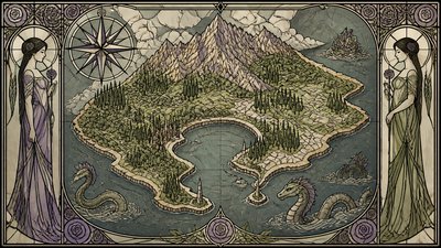 a map of an island realm with mountains, forests, a sheltered bay, sea monsters in the water and a compass rose, no text labels