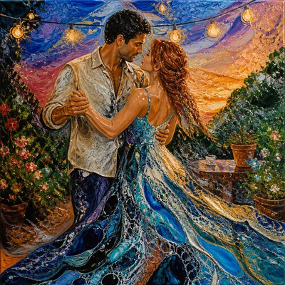 an original couple dancing under string lights in a garden at dusk: a man with short black hair in a linen shirt and a woman with braided red hair in a summer dress