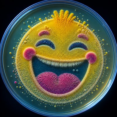 an exaggerated laughing face of an original round mascot character, bold and readable at small size, plain background, no text
