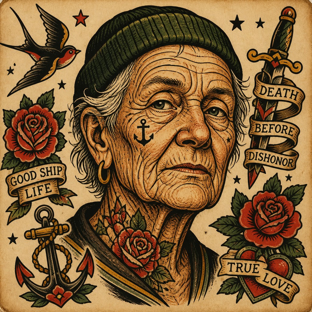 close-up portrait of an elderly person with expressive weathered features — Tattoo Flash Art Style