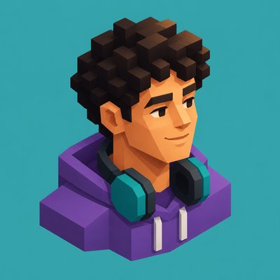 head-and-shoulders portrait of an original character: a young man with curly dark hair and headphones around his neck, plain backdrop, no text