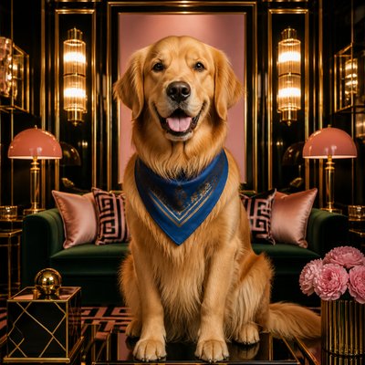 portrait of a golden retriever wearing a blue bandana, warm plain backdrop, no text