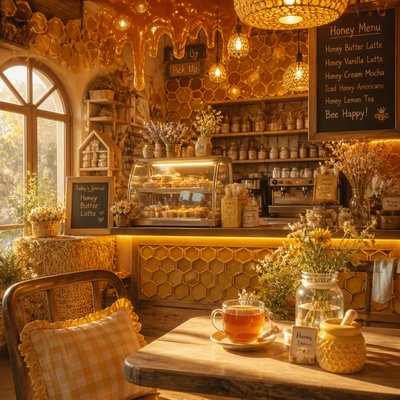 cozy cafe interior with warm lighting