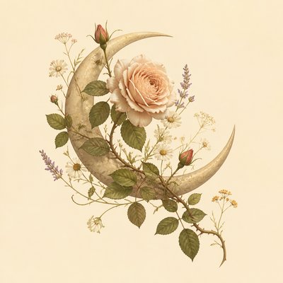 a rose entwined with a crescent moon, clean balanced composition on a plain background, no text