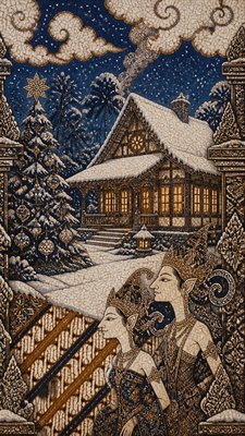 a snow-covered cottage with warm glowing windows beside a decorated pine tree, gentle snowfall, no text